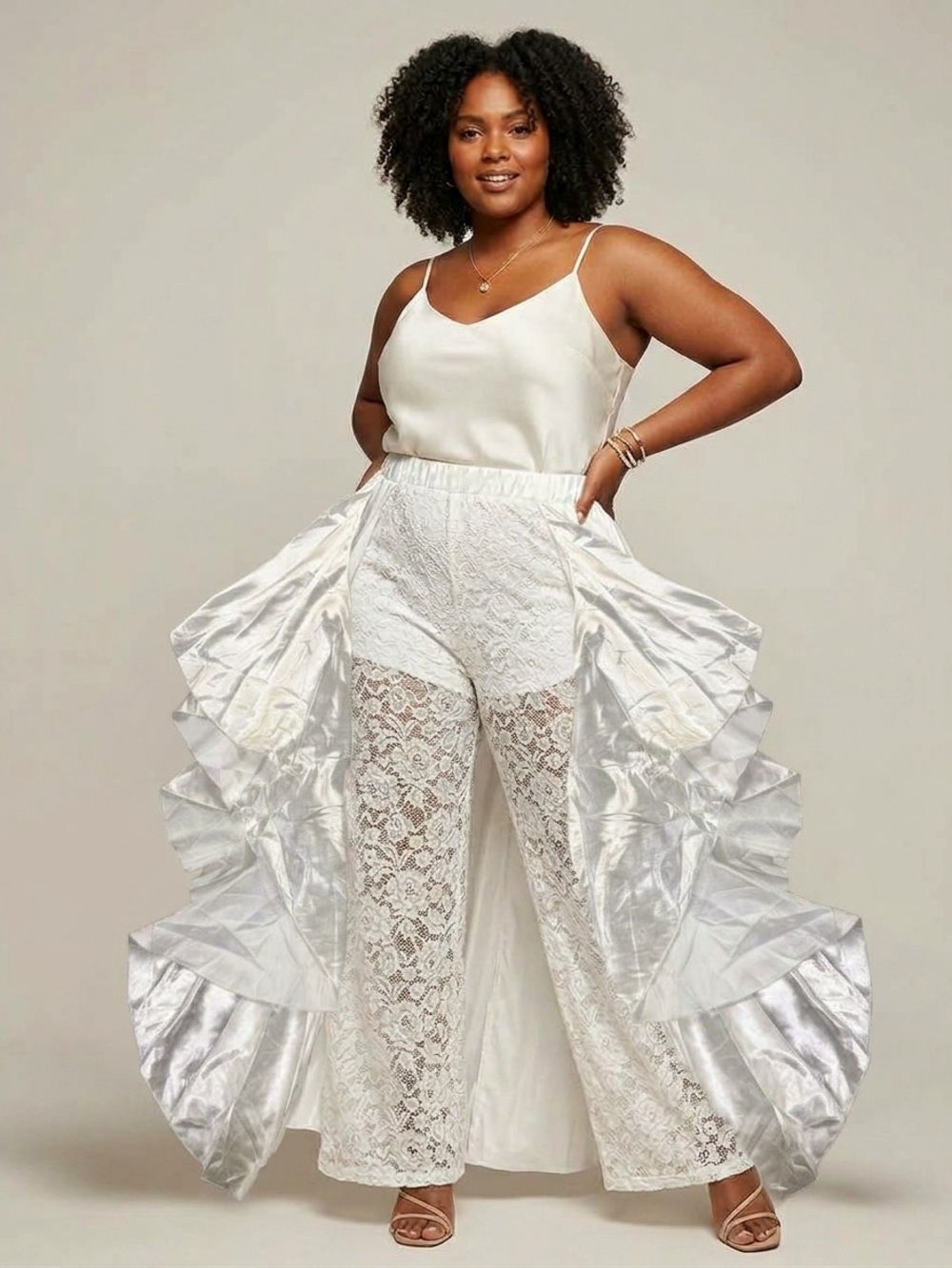 Sheer Lace Wide-Leg Pants - White